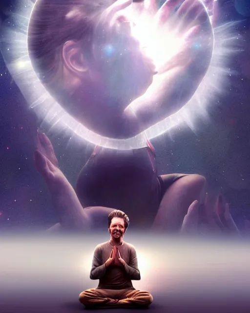 Image similar to alan watts grinning meditating floating hair cinematic in galaxy universe realistic dramatic backlit stylized soft airbrush painting highly detailed, subsurface scattering, 3d render senior artist, photorealistic, textured, featured on artstation