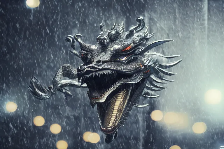 Image similar to cinematic telephoto shot of a silver cybernectic chinese dragon in the rain, midnight city lights, strong bokeh, dramatic lighting, unreal engine, cgsociety, artstation, 4k