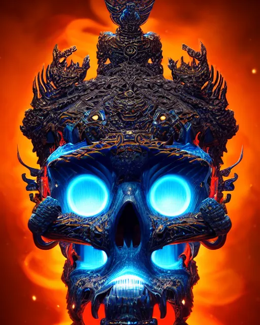 Image similar to 3 d ornate carved dark cosmic king with profile portrait, sigma 5 0 0 mm f / 5. beautiful intricate highly detailed quetzalcoatl skull. bioluminescent, plasma, lava, ice, water, wind, creature, thunderstorm! artwork by tooth wu and wlop and beeple and greg rutkowski, 8 k trending on artstation