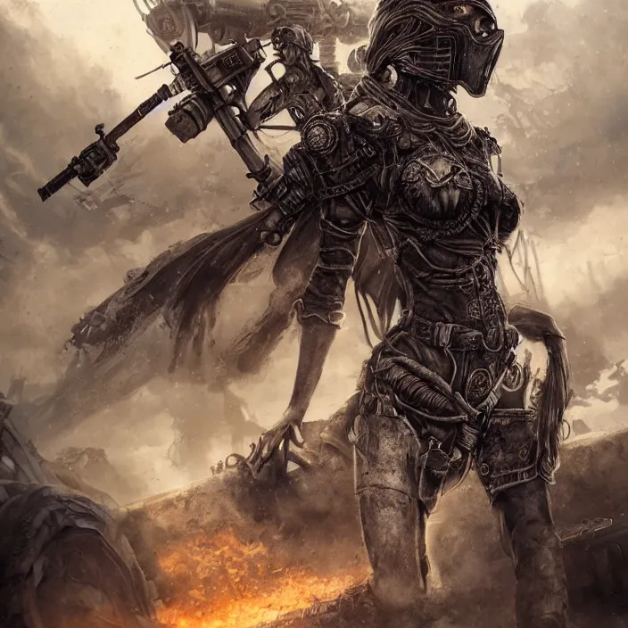 Image similar to beautiful apocalyptic woman in hood, standing on mad max panzer tank, hyper-detailed, smooth, sharp focus, 4k ultra hd, fantasy dark art, tank girl, artgerm, artstation, octane render, elegant, detailed digital painting, apocalyptic art