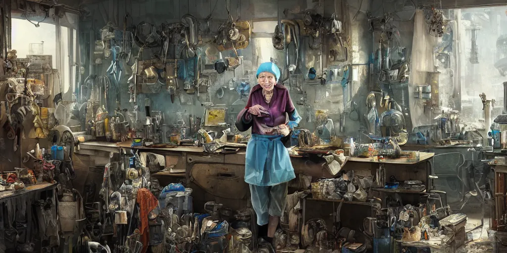 Image similar to an environmental concept art of an elderly russian woman cyberneticist in a cluttered workshop, surgical implements, surgery table, highly detailed, cinematic, dramatic, cyberpunk, dieselpunk, scifi