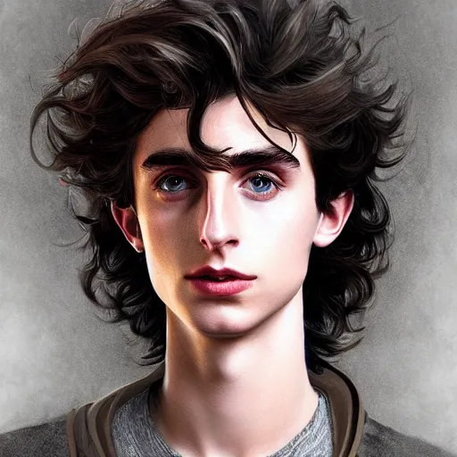 Prompt: fantasy magic Timothee Chalamet portrait, sci-fi, glossy eyes, face, long hair, fantasy, intricate, elegant, highly detailed, digital painting, artstation, concept art, smooth, sharp focus, illustration