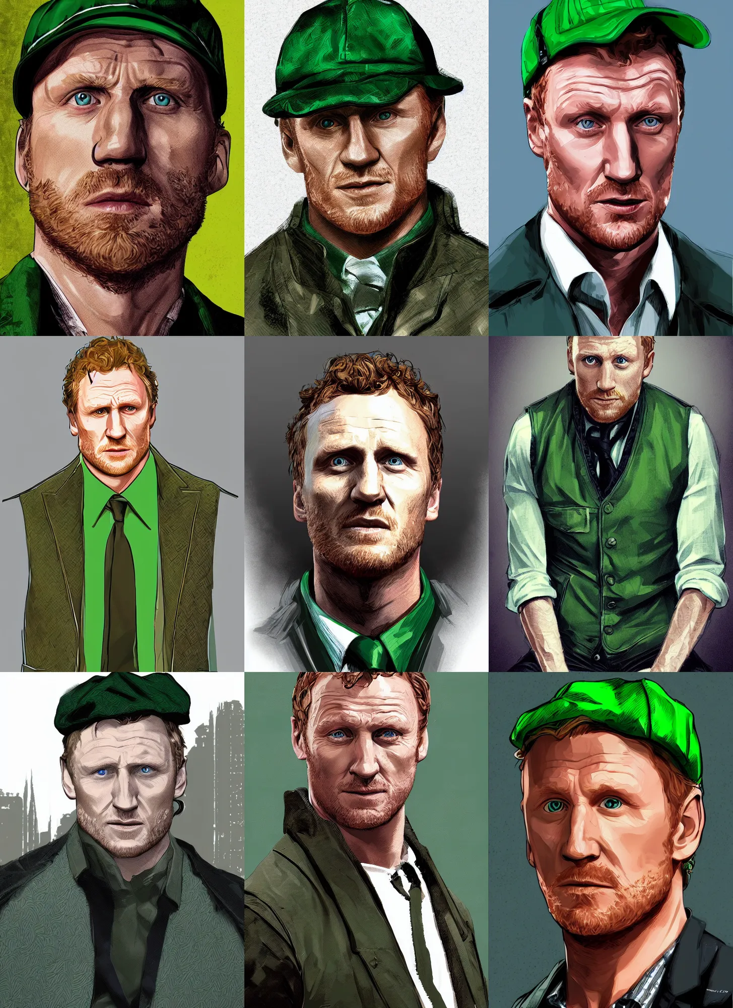 Prompt: portrait kevin mckidd, green flat cap and gilet suit, gta v cover, marvel comics, dark, intricate, highly detailed, smooth, artstation, digital illustration