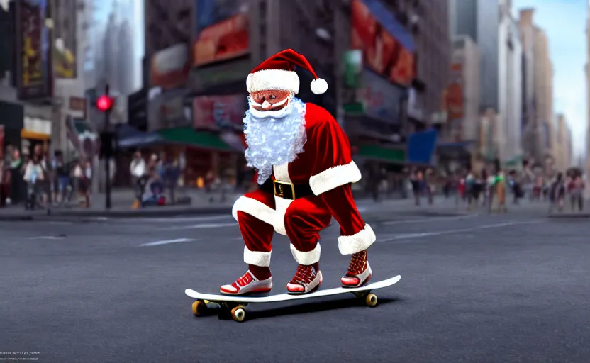 Prompt: a crocodile, dressed as santa claus, on a skateboard in the streets of new york city, concept art, digital illustration, unreal engine, trending on artstation