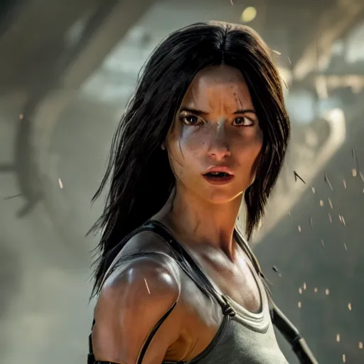 Image similar to cinematic still of lara croft in alita : battle angel ( 2 0 1 9 ), xf iq 4, f / 1. 4, iso 2 0 0, 1 / 1 6 0 s, 8 k, raw, dramatic lighting, symmetrical balance, in - frame