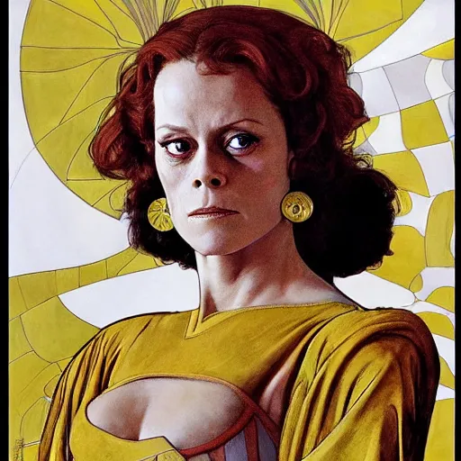 Image similar to portrait by joshua middleton of the young actress, sigourney weaver as ming the merciless, archenemy of flash gordon, saviour of the universe, klimt, mucha, 1 9 7 0 s poster,