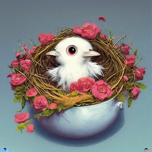 Image similar to soulful long shot of a very cute monster chick nesting in a very romantique floral cup, by esao andrews, by james jean, very humorous illustration, big depth of field, perspectice perception, volumetric light, warm cosy colors, night scenery, low light, unreal engine 5, 8 k, conceptart, hyperdetailed, hyperrealistic, trending on artstation
