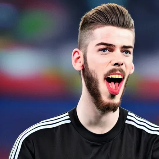 Image similar to david de gea singing pop with a microphone, indoor