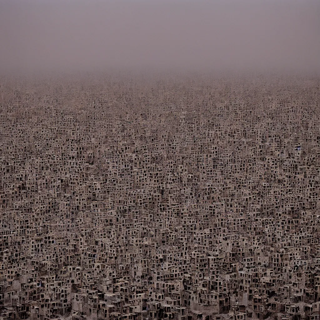 Prompt: towers made up of stacked makeshift squatter shacks with faded colours suspended over a quagmire, plain uniform sky at the back, misty, mamiya, ultra sharp, very detailed, photographed by alejandro jodorowsky