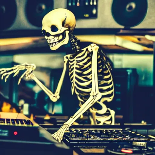 Prompt: a skeleton on the dj decks