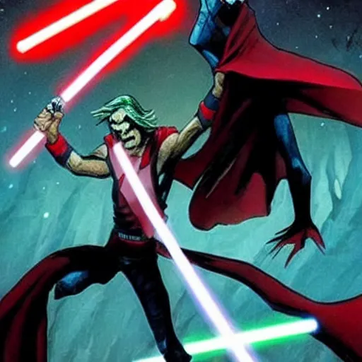 Image similar to morbius. morbius!!!!!!!!!! morbius. morbius holding a lightsaber. and skywalker, pyramids in background.