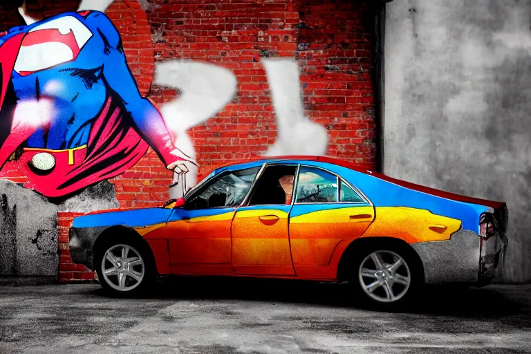 Image similar to superman pushing a broken car, chromatic, amber, direct sunlight, dslr, banksy, pastel, dof