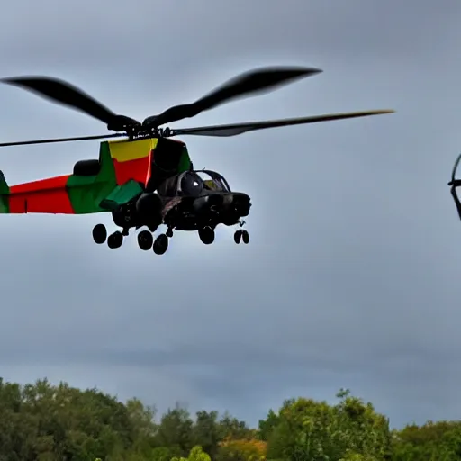 Prompt: an rainbow coloured Apache attack helicopter flying trough the air