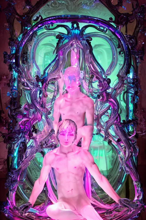 Image similar to full-body rococo and cyberpunk delicate neon crystalline sculpture of (((muscular slender Spanish male))) as an iridescent humanoid deity wearing a thin see-through ((plastic hooded cloak)) sim roupa, reclining con (las piernas abiertas), glowing pink face, crown of (((white lasers))), large diamonds, swirling black silk fabric. futuristic elements. oozing glowing liquid, full-length view. space robots. (((human skulls))). throne made of bones, intricate artwork by caravaggio. Trending on artstation, octane render, cinematic lighting from the right, hyper realism, octane render, 8k, depth of field, 3D