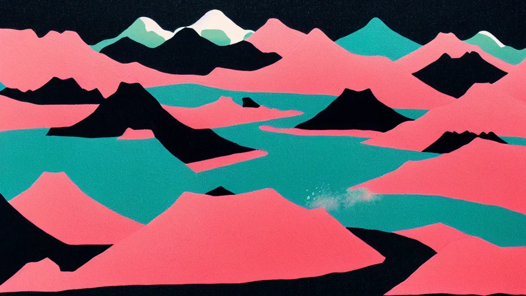 Image similar to japan tateyama mountain range toyama, a collage painting, in the style of wes anderson, lola dupre, david hockney, isolated on negative space background dark monochrome neon spraypaint accents volumetric octane render