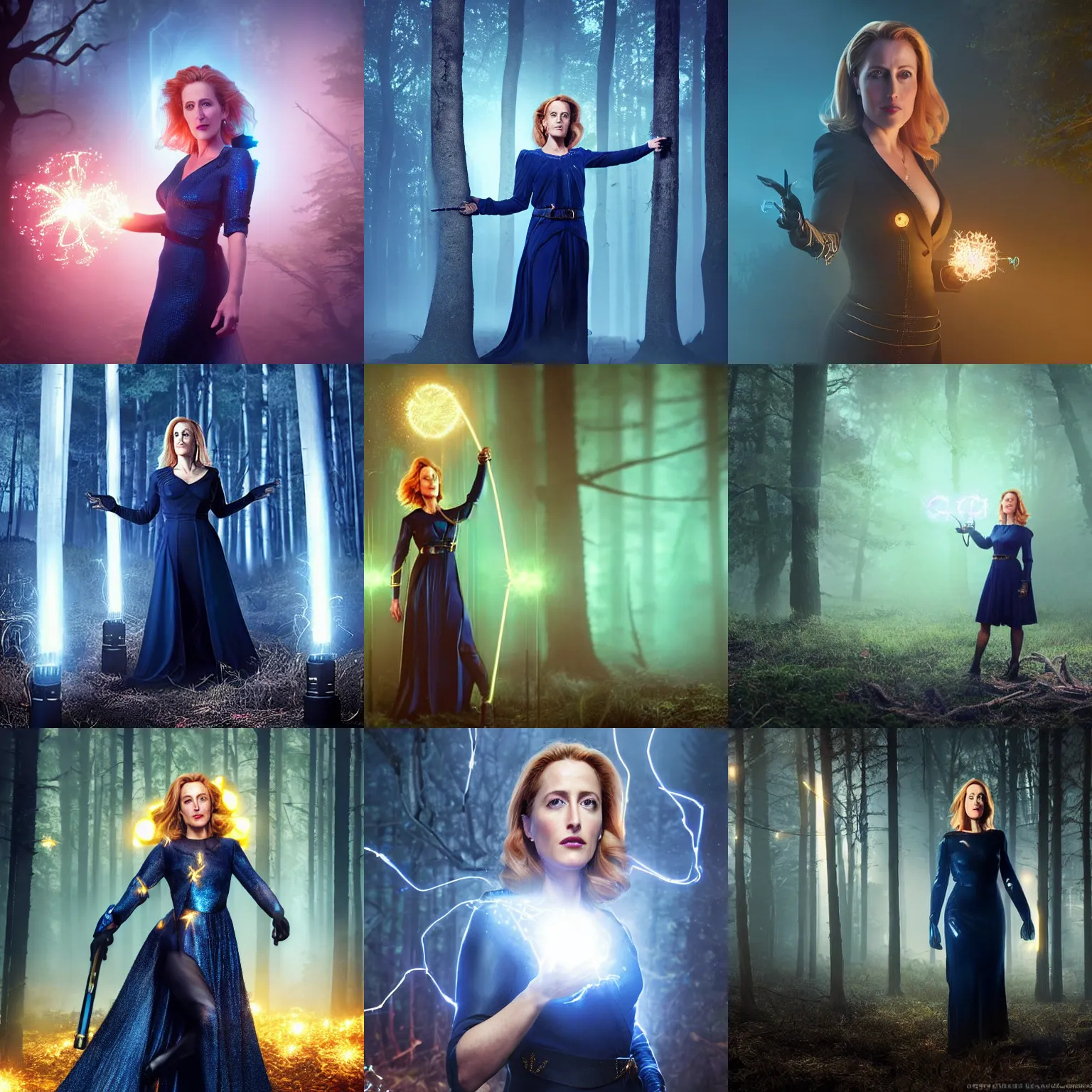 Prompt: Gillian Anderson wearing a dark blue witches outfit holding a glowing golden magical wand with electrical bolts emitting. In a foggy forest. Trending on Artstation, octane render, ultra detailed, art by Ross tran