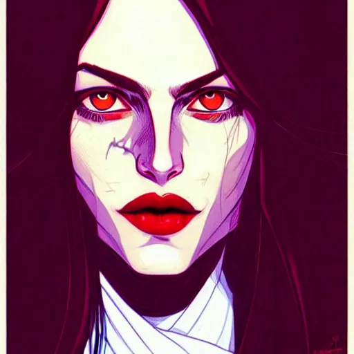 Prompt: Rafeal Albuquerque comic art, Joshua Middleton comic art, pretty female Phoebe Tonkin,l vampire, fully red eyes no pupils sharp vampire teeth evil smile, horror, symmetrical face, symmetrical eyes, pretty white dress, short black hair, full body:: snow outside::