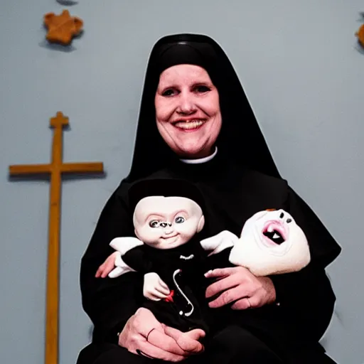 Image similar to a nun in church holding chucky the demonic killer doll on her lap