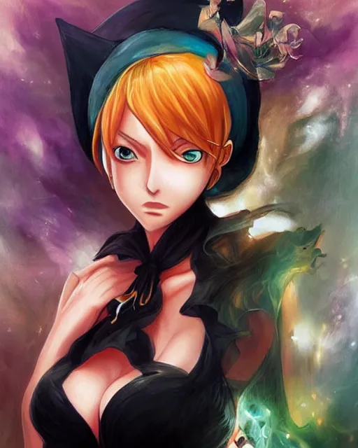 Image similar to beautiful portrait of a Witch who looks like Nami, One Piece anime character design by Ross Tran, artgerm detailed, soft lighting