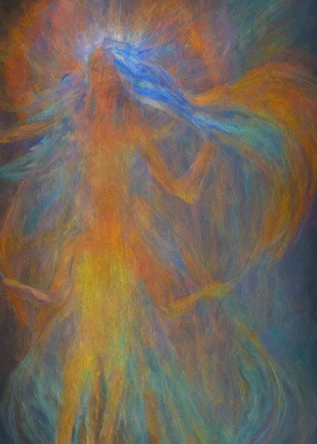 Image similar to last seraphim of the golden mythos beloved (expressionist) (dreamy) gnostic fog, award winning oil painting, chromatic aberration