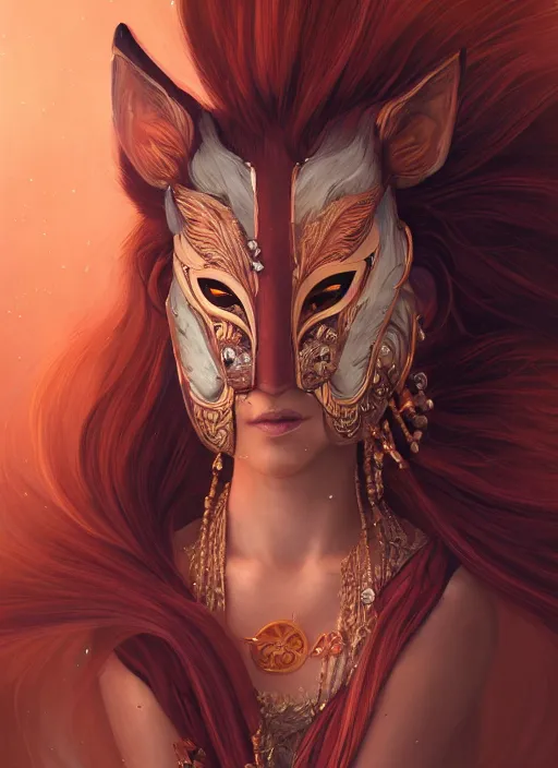 Image similar to a beautiful detailed oil on copper art illustration of a japanese kitsune mask woman, centered, by charlie bowater, zeng fanzh, trending on artstation, dim dusk lighting, cinematic lighting, detailed lighting, volumetric lighting, realistic, f 8, 4 k hd wallpaper