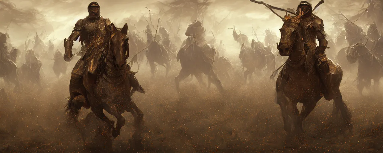 Image similar to Horseman riding through a swarm of locusts, trending on artstation, 4k