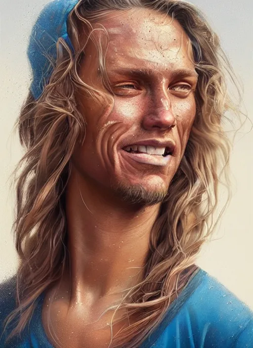 Prompt: a detailed painted portrait of an californian born surfer by artist hadi karimi, wlop, artgerm, greg rutkowski, slightly happy facial expression, dramatic lowkey studio lighting, accurate skin textures, hyperrealism, aesthetically pleasing and harmonious vintage colors