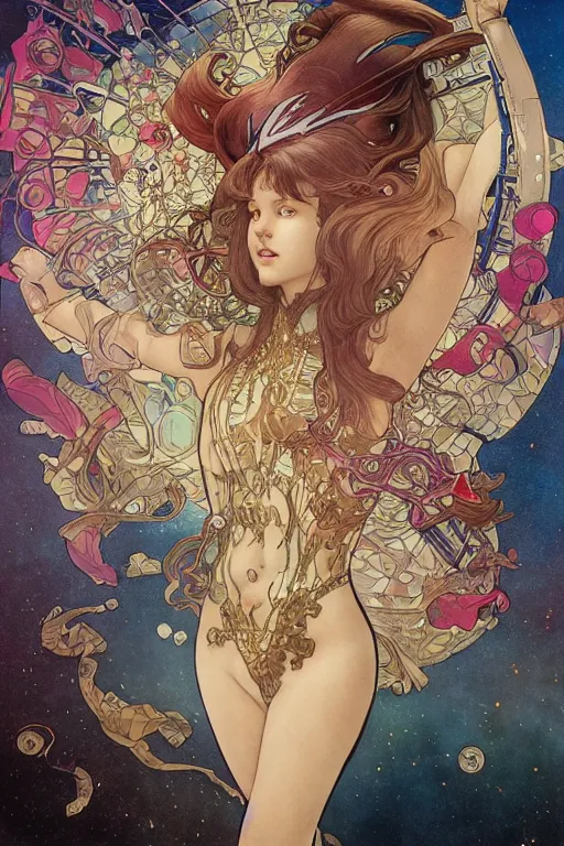 Image similar to swimming through time, by artgerm and yoshitaka amano and moebius and alphonse mucha, hyperdetailed, glamour, surreal, abomination, dc comics, ornate, nebula, explosions in the sky, trending on artstation