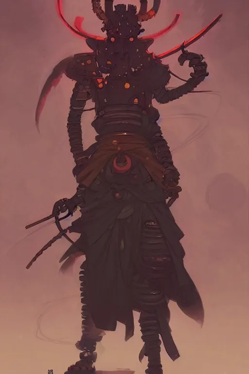 Image similar to samurai yokai cyberpunk kaiju shaman, character concept art by peter mohrbacher and andreas rocha and michael whelan and craig mullins and ross tran and wlop and caravaggio