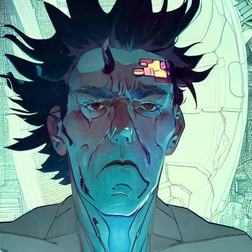 Image similar to 9 5 5 5 rick sanchez portrait by and james jean and katsuhiro otomo and erik jones, inspired by ghost in the shell anime, beautiful fine face features, intricate high details, sharp, ultradetailed, 3 d octane render