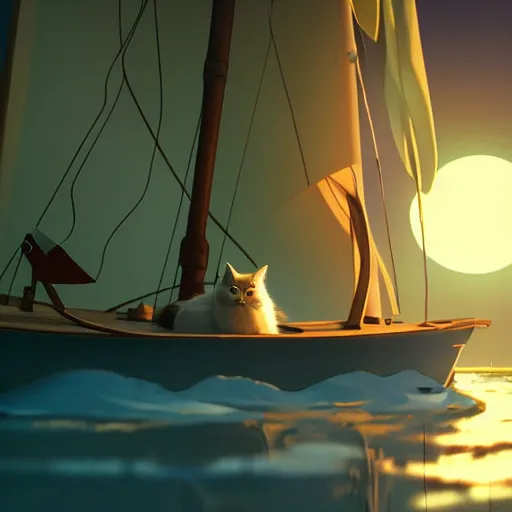 Prompt: a wholesome animation creative key shot of a cat sailing a boat in the night, full shot, studio ghibli, pixar and disney animation, sharp, rendered in unreal engine 5, anime key art by greg rutkowski, bloom, dramatic lighting