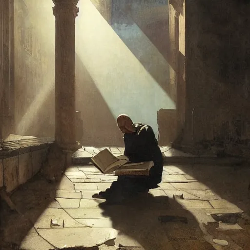 Prompt: half portait of magican wearing a closed cowl and reading big old book! jeremy mann, jean leon gerome, tiepolo, alphonse mucha, greg rutkowski, face in the shadows, ( ( ruins of ancient rome ) ), at dusk, mysterious atmosphere, sunrays, dof, masterpiece, high detailed, 8 k