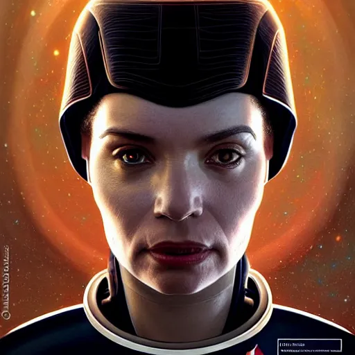 Image similar to UHD Photorealistic Felline-human hybrid Starfleet Officer wearing a spacesuit with hyperrealistic, correct details, cosmic dynamic lighting, symmetrical face, accurate face, in the style of art nouveau by Greg Rutkowski