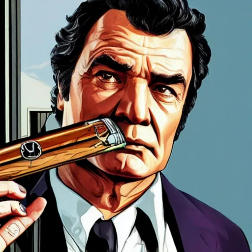 Image similar to GTAV cover art of Columbo holding a cigar