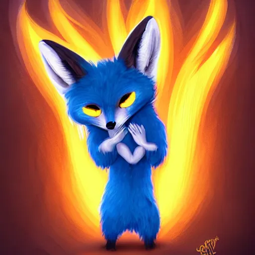 Prompt: furaffinity furry art of an anthro fennec character holding fireballs and wearing a blue sweatshirt, digital painting, detailed, cute, big eyes