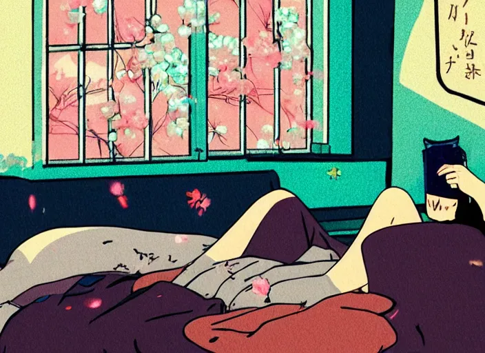 Image similar to girl laying on bed, rainy day, anime, ghibli, 9 0 s, retro style, aesthetic, chill, room