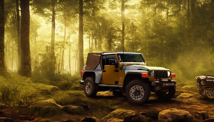 Image similar to Mahindra thar, in the forest, plants environment, wide angle, cinematic lighting, atmospheric, realistic, octane render, highly detailed, color graded, in the style of craig mullins