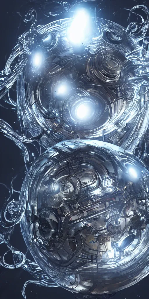 Image similar to swirling abstract cyborg parts and bio - mechanical tendrils and ornate flowing smoke streams and liquid light streaks surround a small metallic sphere, cinematic, unreal engine