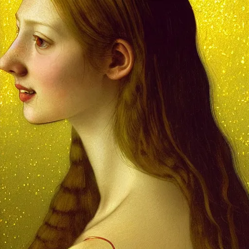 Image similar to portrait of a happy young woman, among the lights of golden fireflies and nature, long loose red hair, intricate details, green eyes, hint of freckles, round gentle face, gorgeous dress, deep focus, smooth, sharp, golden ratio, hyper realistic digital art by artemisia lomi gentileschi and leonardo da vinci and artgerm