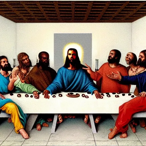 Prompt: Kanye West in the Last Supper painting