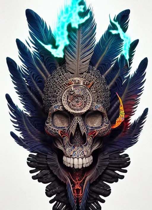 Image similar to 3 d shaman with tattoos profile portrait, sigma 5 0 0 mm f / 5. beautiful intricate highly detailed quetzalcoatl skull and feathers. bioluminescent, plasma, lava, ice, water, wind, creature, thunderstorm! artwork by tooth wu and wlop and beeple and greg rutkowski, 8 k trending on artstation,