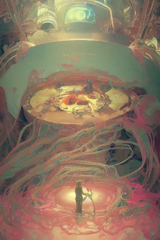 Image similar to interior of a digesting Stomach filled with glowing pink water, Cross section, Claustrophobic, seapunk Mecha , vaporwave , digital art, artstation, by WLOP, Ilya repin, alphonse mucha., Very highly detailed 8K, octane, Digital painting, the golden ratio,