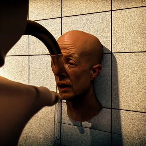 Prompt: photograph of a man with a urinal head begging for food, 8k resoloution, high detail, ULTRA REALISTIC VFX, reflections