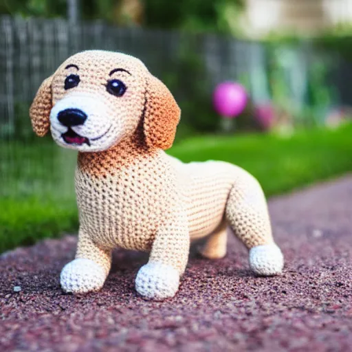 Prompt: a crochet golder retriever, very cute, kawaii, extremely detailed, complex, intricate, Sigma 50mm f/1.4