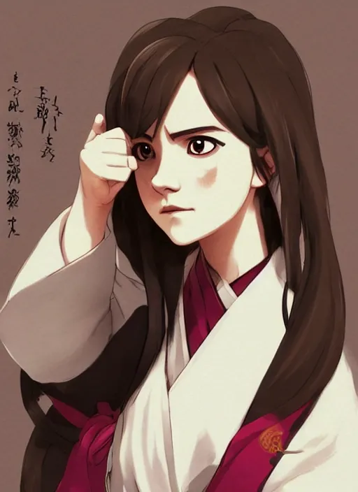 Image similar to emma watson as nezuko from demon slayer anime ねずこ nezuko from demon slayer anime ねずこ nezuko from demon slayer anime ねずこ wearing kimono wrapped mouth by artgem by greg rutkowski trending on artstation