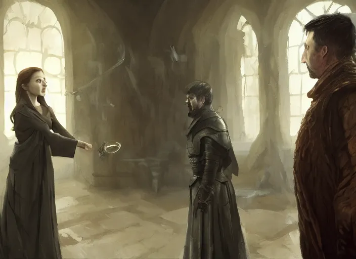 Prompt: catelyn tully confronting petyr baelish in his office, close up, cinematic fantasy painting, dynamic perspective, game of thrones, mandy jurgens and ruan jia and marc simonetti