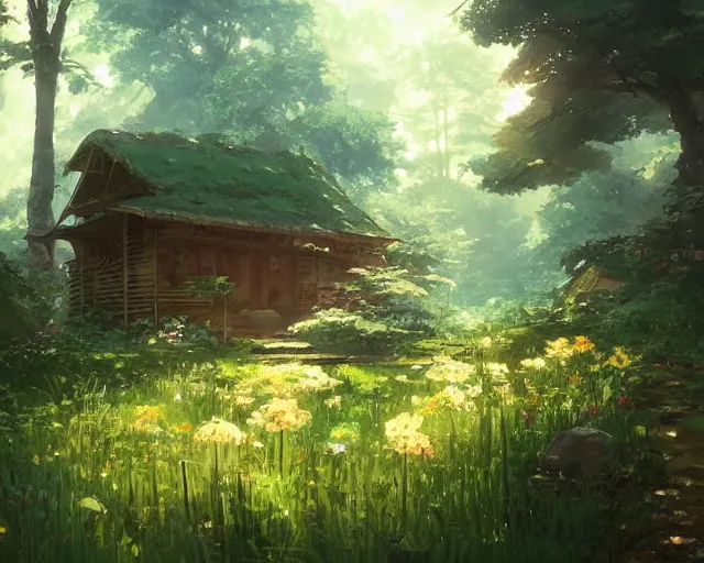 Prompt: old hut in the woods with a flower garden near a waterfall, gapmoe kuudere moody lighting stunning bokeh highlights sharp contrast | trending pixiv fanbox | by greg rutkowski makoto shinkai takashi takeuchi studio ghibli