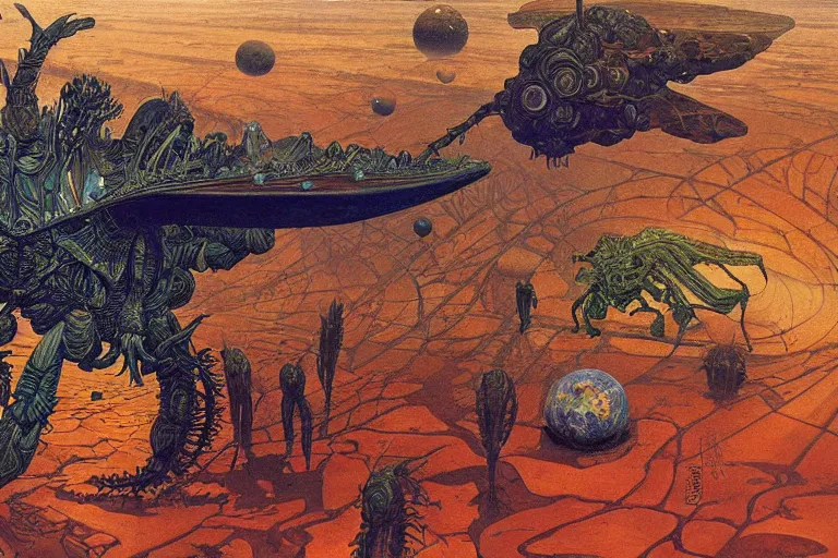 Prompt: oil painting, super - detailed scene of a planet that is also a giant insect, entomology, japanese sci - fi books art, artwork by jean giraud and zdzislaw beksinski and alphonse mucha and hr giger, hd, 4 k, high quality