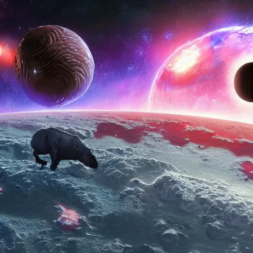 Prompt: a galactic scene where animal ai technology rules earth while the human race is regaining strength from their space bases to take back control from what they've created in a dystopian world, 4 k, hyperrealistic