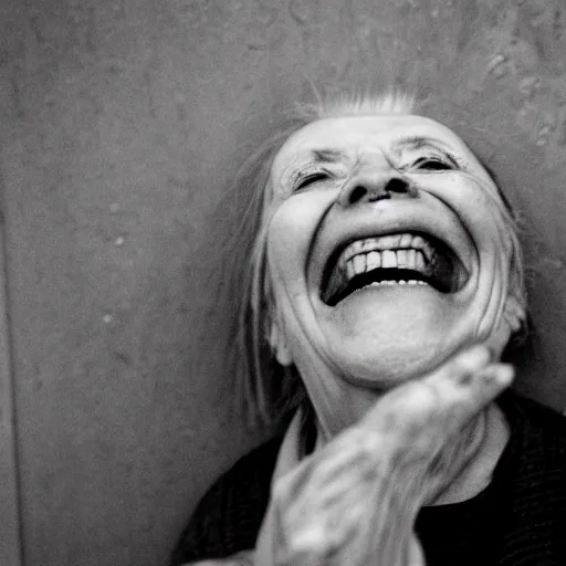 Image similar to scary old lady laughing in an abandoned prison, security camera, black and white, real